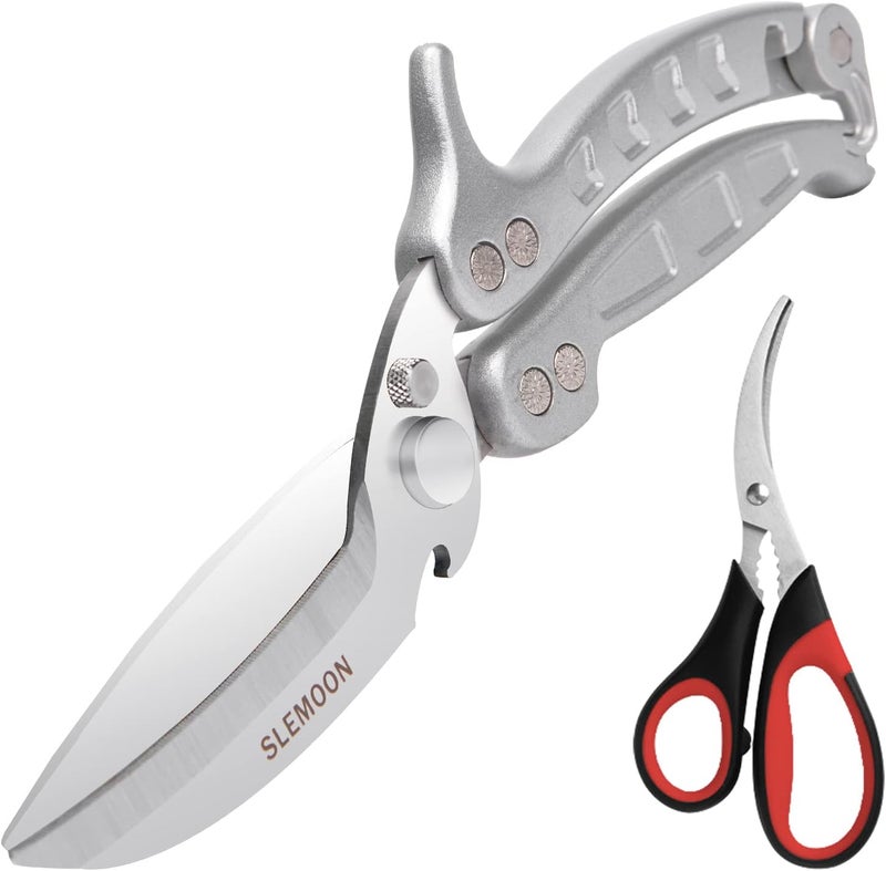 SLEMOON Heavy Duty Poultry Shears Kitchen Salad Scissors for Chicken Turkey Meat Herb Vegetable 2pcs Silver - Image 1
